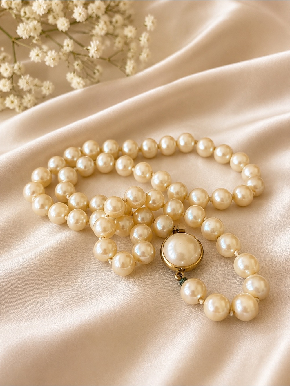 Vintage 1950s–1960s Faux Pearl Necklace Mid-Century Statement Clasp 18”